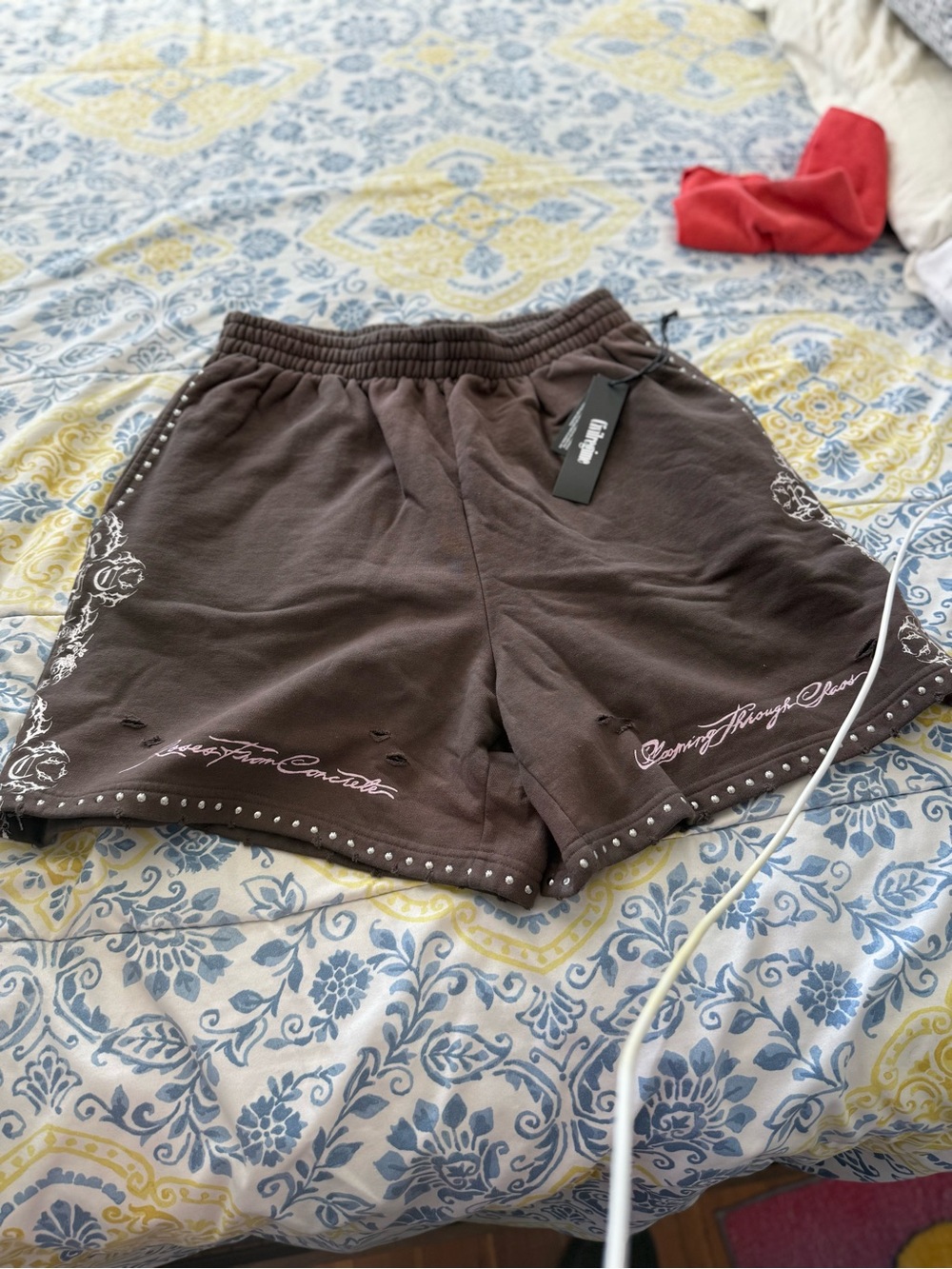 Women's Brown Athletic Shorts with Stud and Script Details